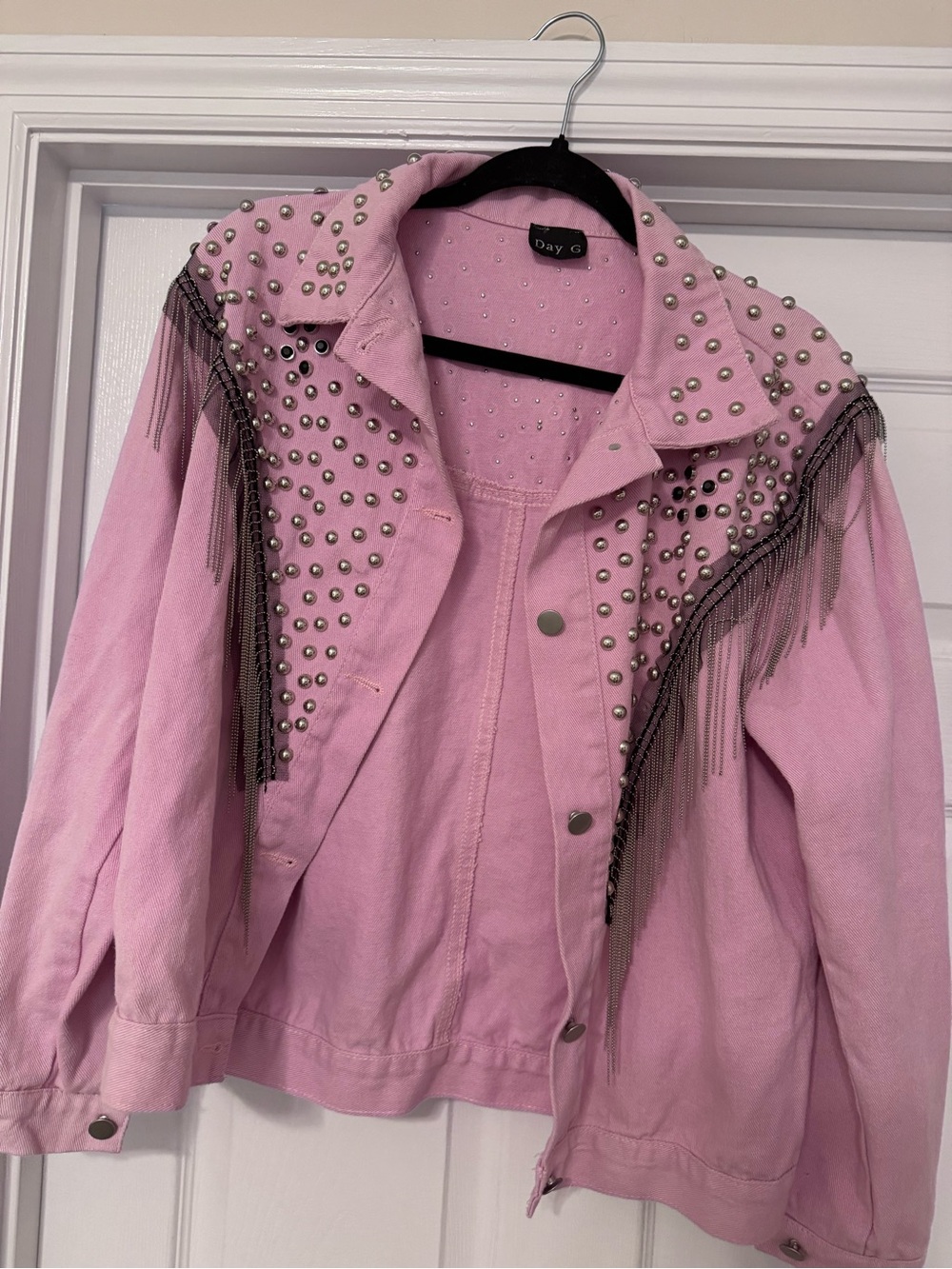 Day G Pink Studded Fringe Denim Jacket